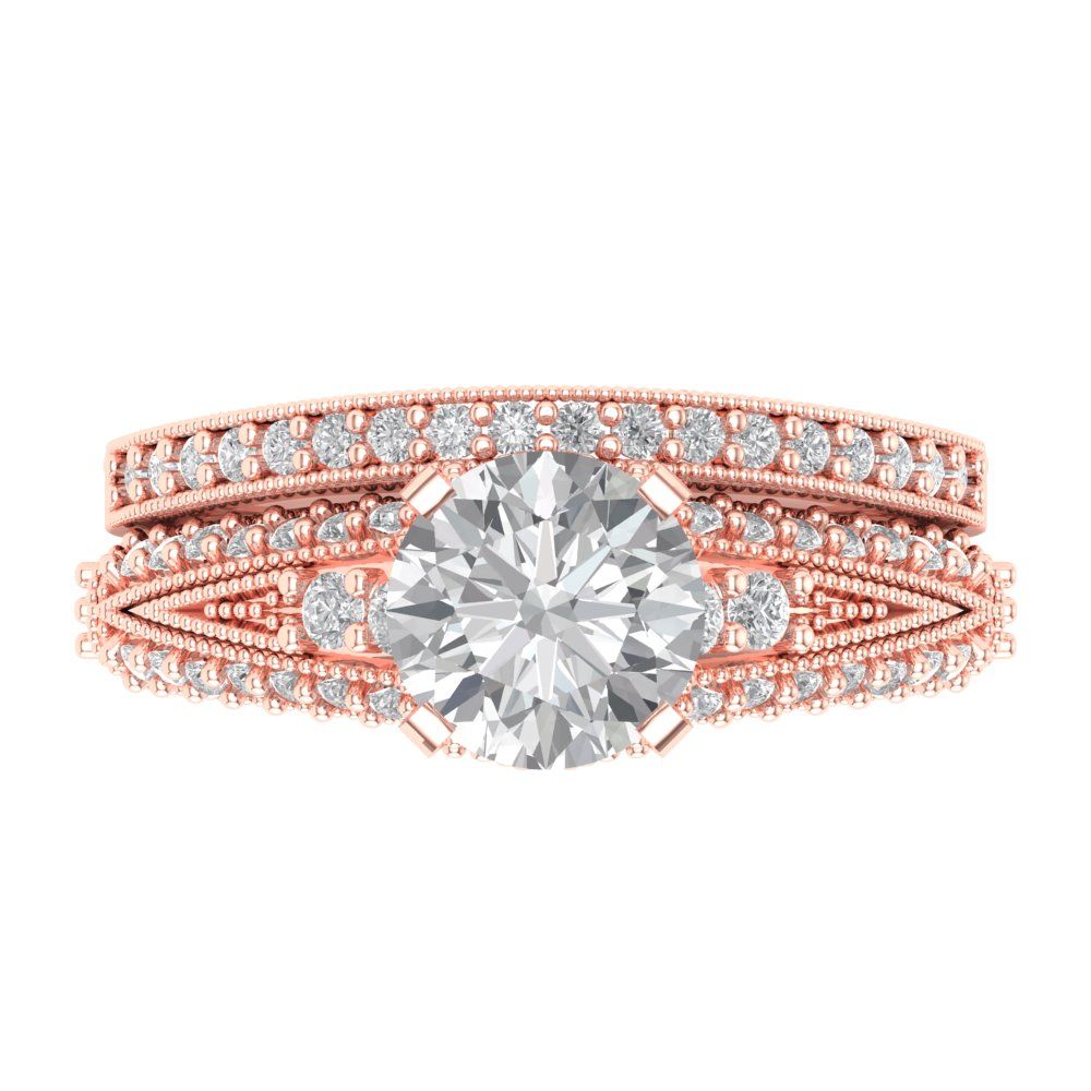 2.095 cttw Round Cut White Sapphire Bridal Set - Solid Rose Gold Engagement Ring & Wedding Band