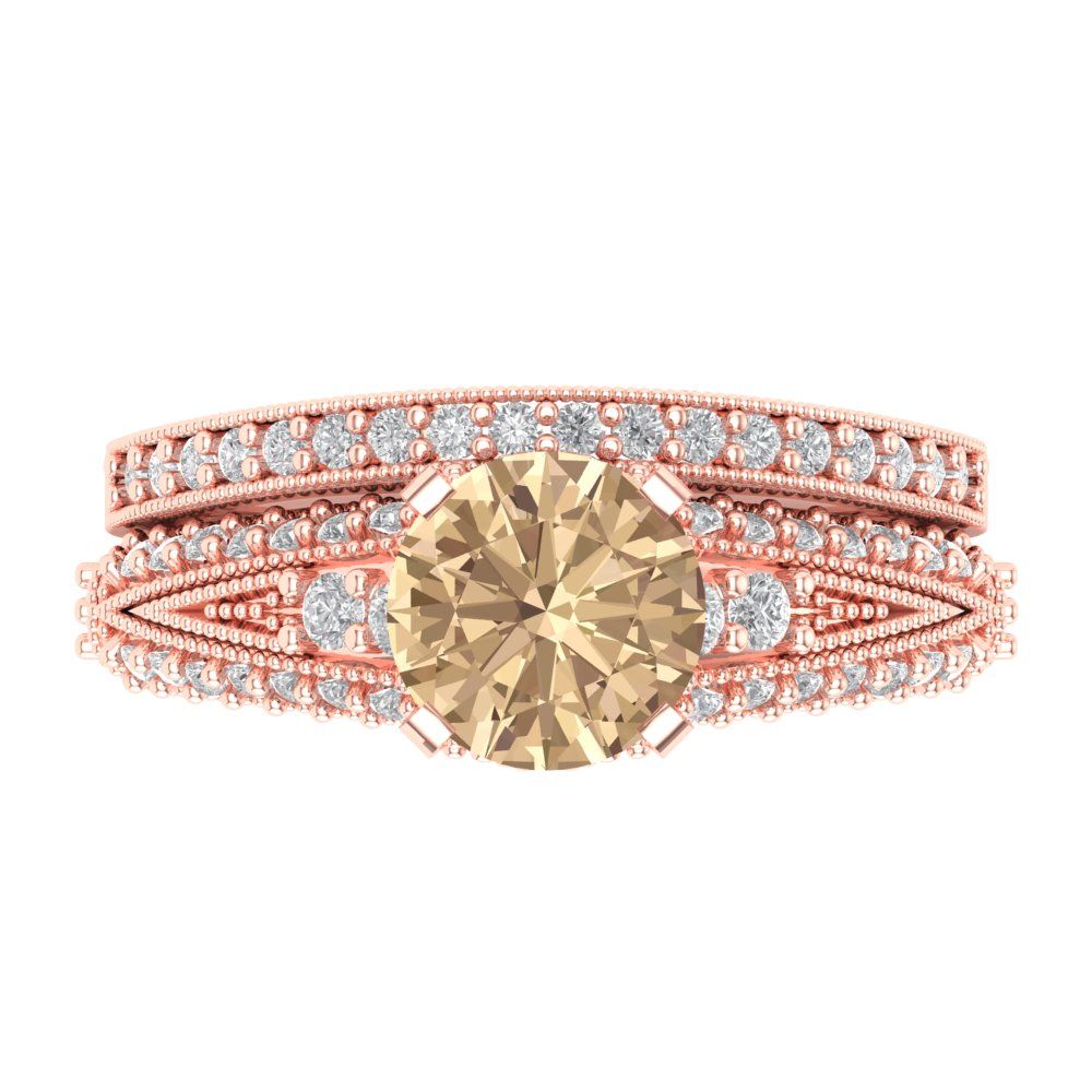 2.095 cttw Round Cut Yellow Moissanite Bridal Set - Solid Rose Gold Engagement Ring & Wedding Band