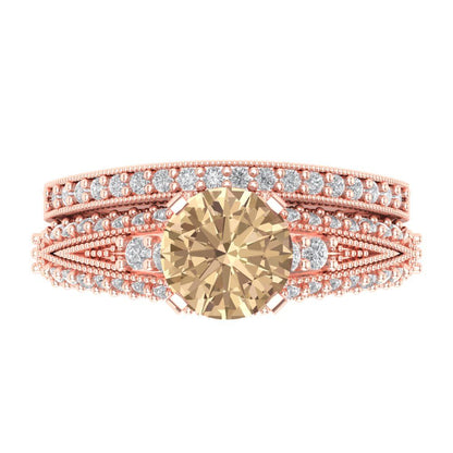 2.095 cttw Round Cut Yellow Moissanite Bridal Set - Solid Rose Gold Engagement Ring & Wedding Band