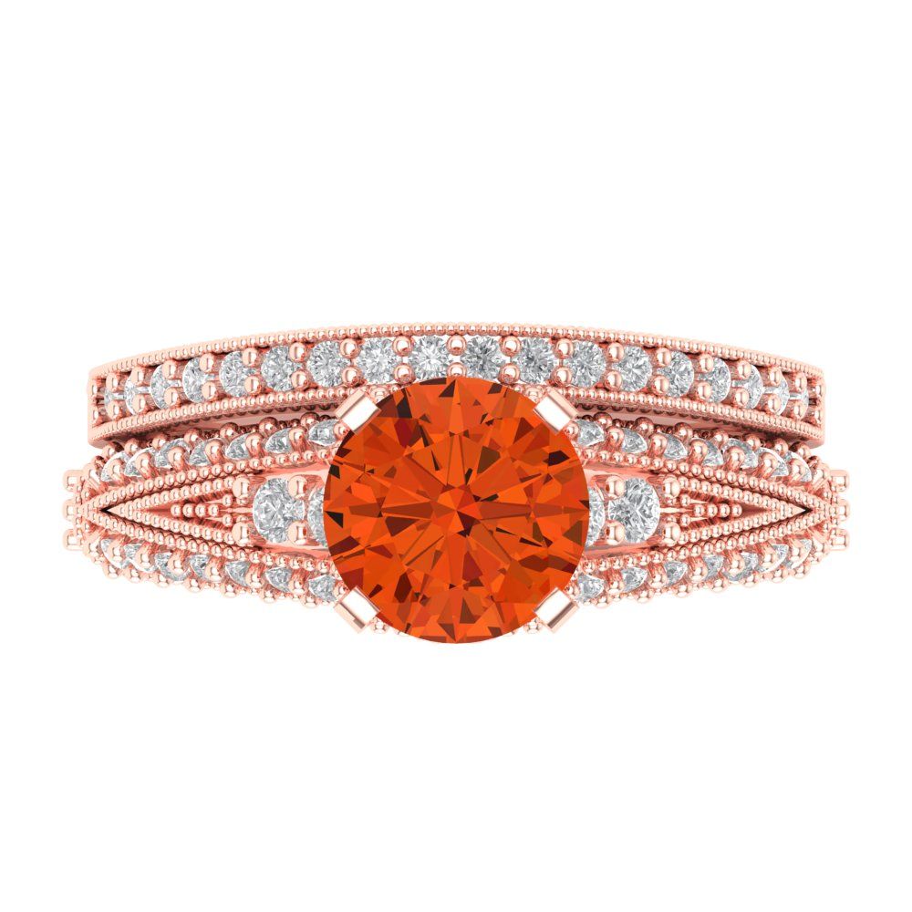 2.095 cttw Round Cut Simulated Red Diamond Bridal Set - Solid Rose Gold Engagement Ring & Wedding Band