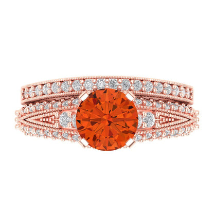 2.095 cttw Round Cut Simulated Red Diamond Bridal Set - Solid Rose Gold Engagement Ring & Wedding Band