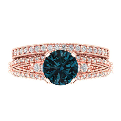 2.095 cttw Round Cut Natural London Blue Topaz Bridal Set - Solid Rose Gold Engagement Ring & Wedding Band