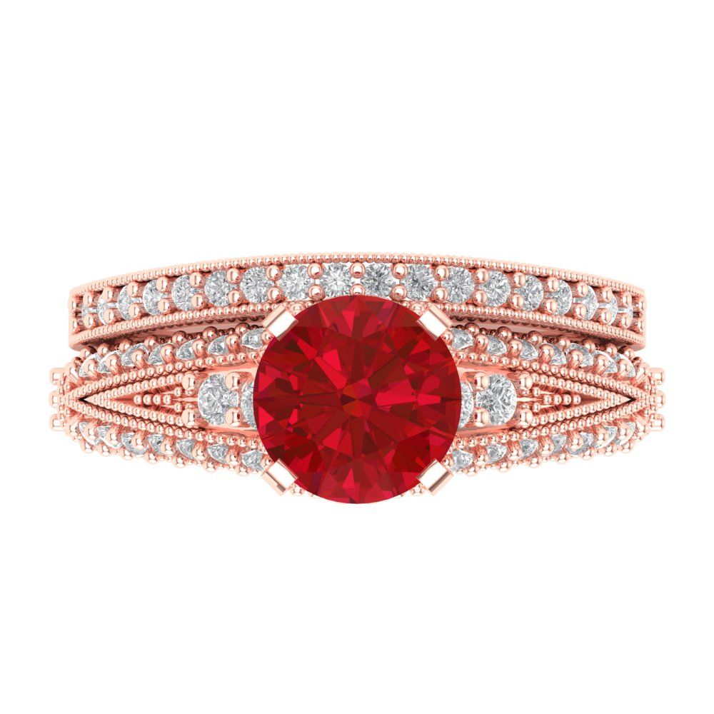 2.095 cttw Round Cut Simulated Pink Tourmaline Bridal Set - Solid Rose Gold Engagement Ring & Wedding Band
