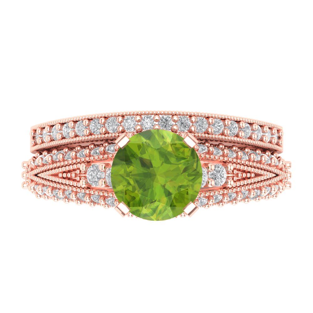 2.095 cttw Round Cut Natural Peridot Bridal Set - Solid Rose Gold Engagement Ring & Wedding Band