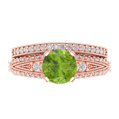 2.095 cttw Round Cut Natural Peridot Bridal Set - Solid Rose Gold Engagement Ring & Wedding Band