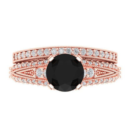 2.095 cttw Round Cut Natural Onyx Bridal Set - Solid Rose Gold Engagement Ring & Wedding Band