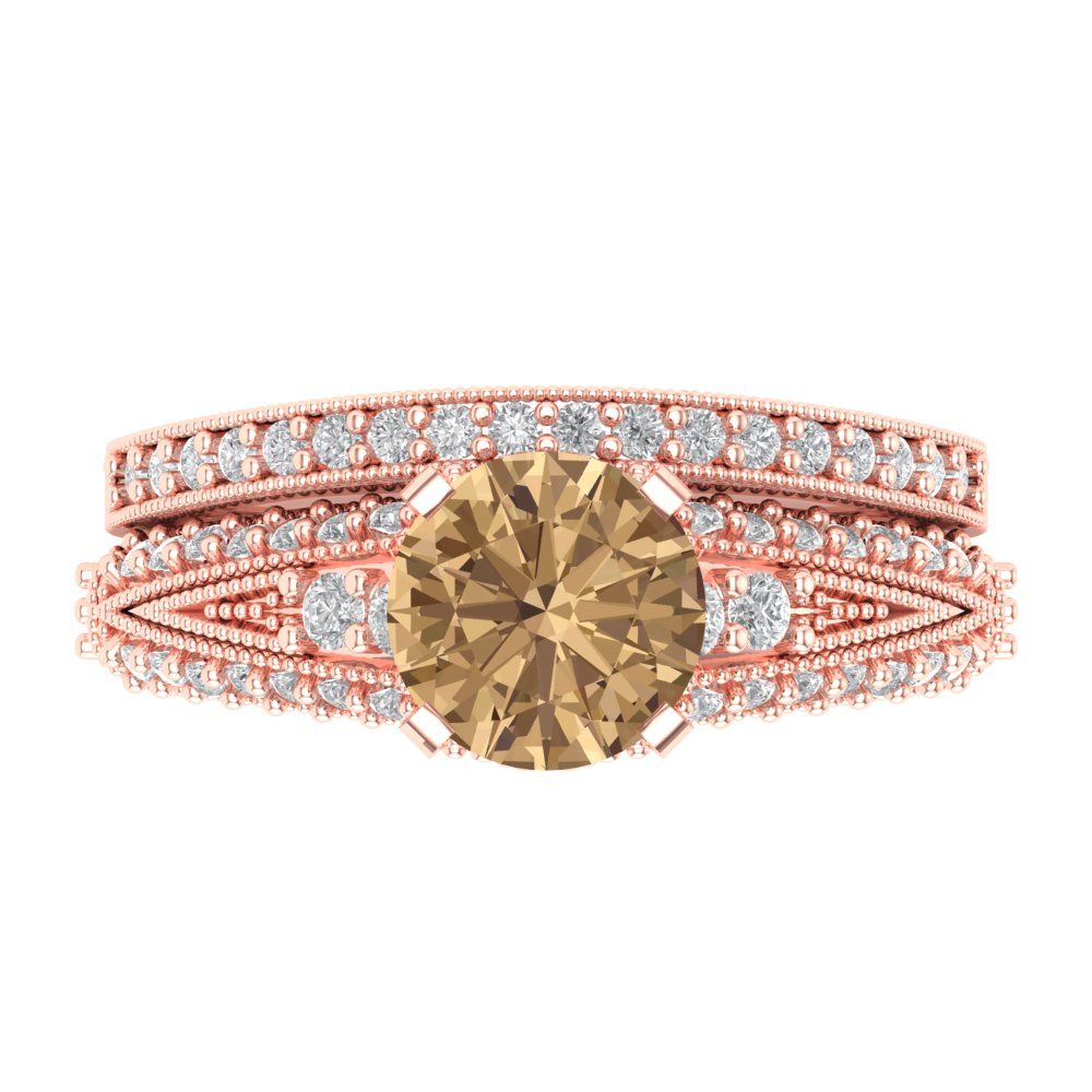 2.095 cttw Round Cut Simulated Champagne Diamond Bridal Set - Solid Rose Gold Engagement Ring & Wedding Band