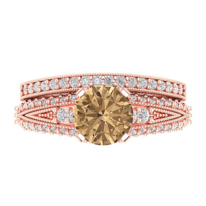 2.095 cttw Round Cut Simulated Champagne Diamond Bridal Set - Solid Rose Gold Engagement Ring & Wedding Band