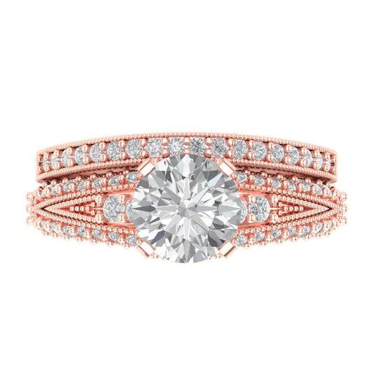 2.095 cttw Round Cut Zirconia Simulated Diamond Bridal Set - Solid Rose Gold Engagement Ring & Wedding Band