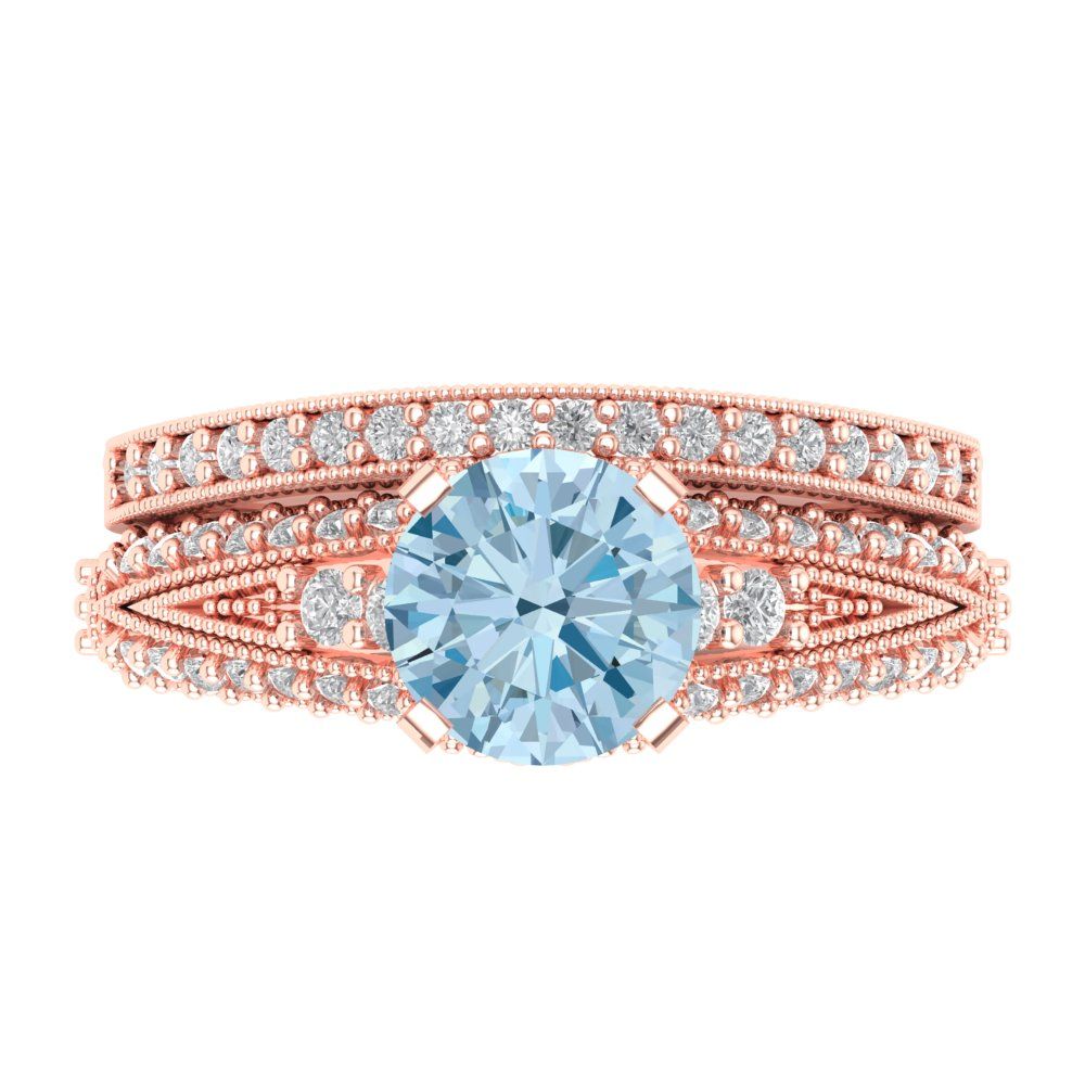 2.095 cttw Round Cut Natural Aquamarine Bridal Set - Solid Rose Gold Engagement Ring & Wedding Band