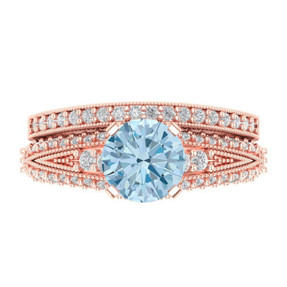 2.095 cttw Round Cut Natural Aquamarine Bridal Set - Solid Rose Gold Engagement Ring & Wedding Band