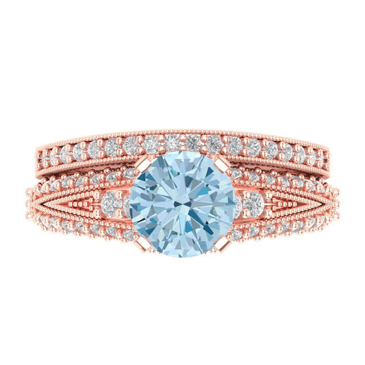 2.095 cttw Round Cut Natural Aquamarine Bridal Set - Solid Rose Gold Engagement Ring & Wedding Band