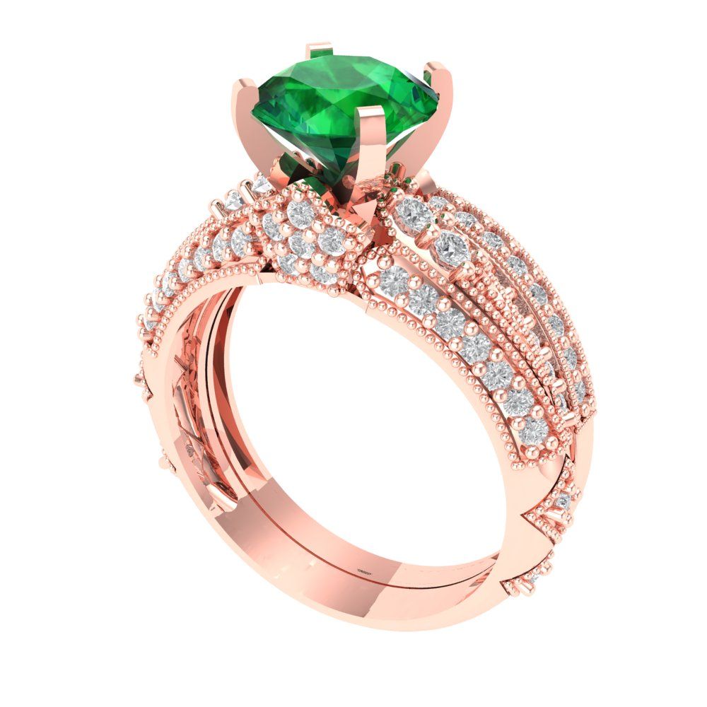 2.095 cttw Round Cut Simulated Emerald Bridal Set - Solid Rose Gold Engagement Ring & Wedding Band