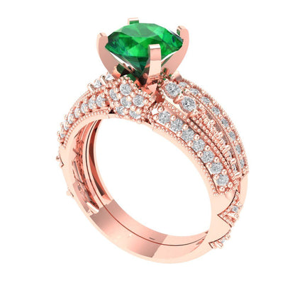 2.095 cttw Round Cut Simulated Emerald Bridal Set - Solid Rose Gold Engagement Ring & Wedding Band