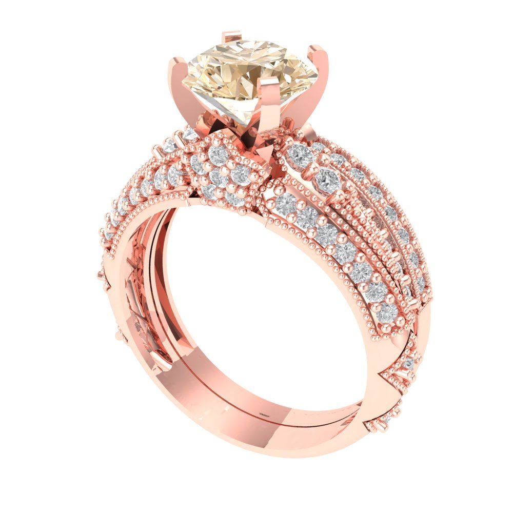 2.095 cttw Round Cut Natural Morganite Bridal Set - Solid Rose Gold Engagement Ring & Wedding Band