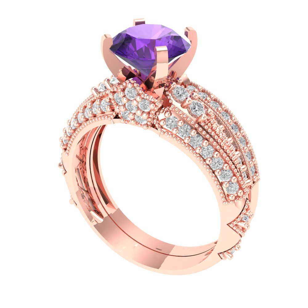 2.095 cttw Round Cut Natural Amethyst Bridal Set - Solid Rose Gold Engagement Ring & Wedding Band