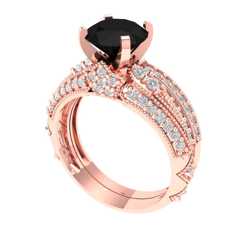 2.095 cttw Round Cut Natural Onyx Bridal Set - Solid Rose Gold Engagement Ring & Wedding Band