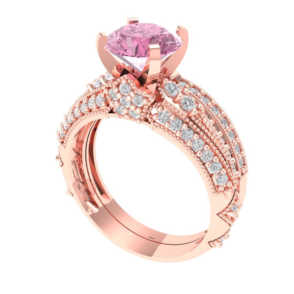2.095 cttw Round Cut Simulated Pink Diamond Bridal Set - Solid Rose Gold Engagement Ring & Wedding Band