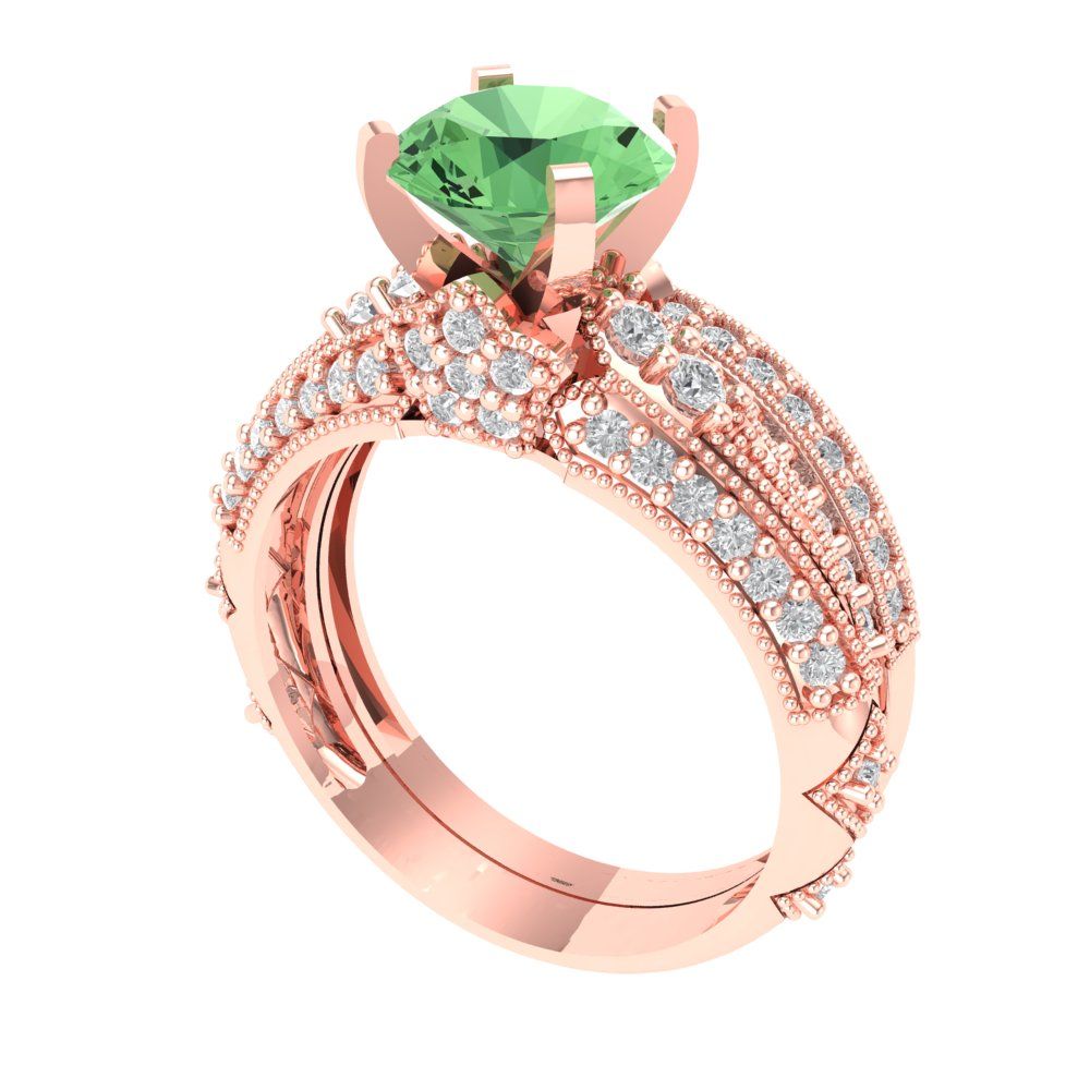 2.095 cttw Round Cut Simulated Green Diamond Bridal Set - Solid Rose Gold Engagement Ring & Wedding Band