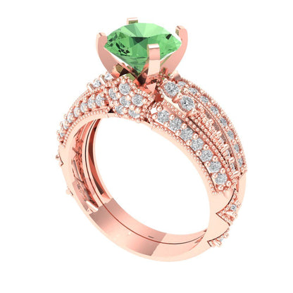 2.095 cttw Round Cut Simulated Green Diamond Bridal Set - Solid Rose Gold Engagement Ring & Wedding Band