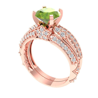 2.095 cttw Round Cut Natural Peridot Bridal Set - Solid Rose Gold Engagement Ring & Wedding Band