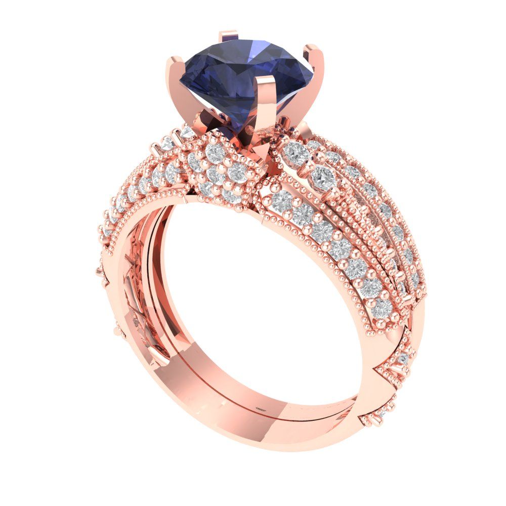 2.095 cttw Round Cut Simulated Blue Sapphire Bridal Set - Solid Rose Gold Engagement Ring & Wedding Band