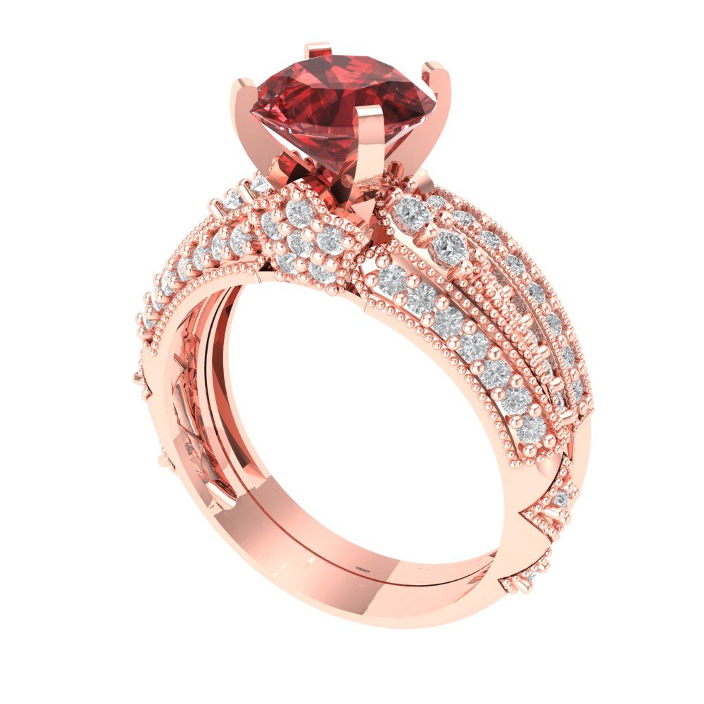 2.095 cttw Round Cut Natural Garnet Bridal Set - Solid Rose Gold Engagement Ring & Wedding Band