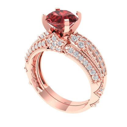 2.095 cttw Round Cut Natural Garnet Bridal Set - Solid Rose Gold Engagement Ring & Wedding Band