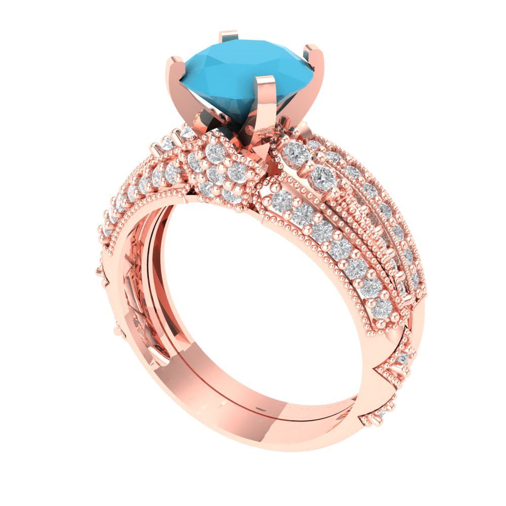 2.095 cttw Round Cut Simulated Turquoise Bridal Set - Solid Rose Gold Engagement Ring & Wedding Band