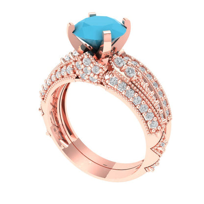 2.095 cttw Round Cut Simulated Turquoise Bridal Set - Solid Rose Gold Engagement Ring & Wedding Band