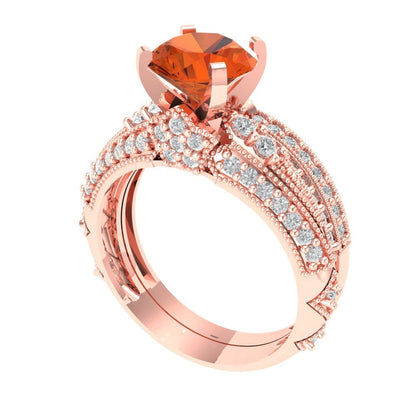 2.095 cttw Round Cut Simulated Red Diamond Bridal Set - Solid Rose Gold Engagement Ring & Wedding Band