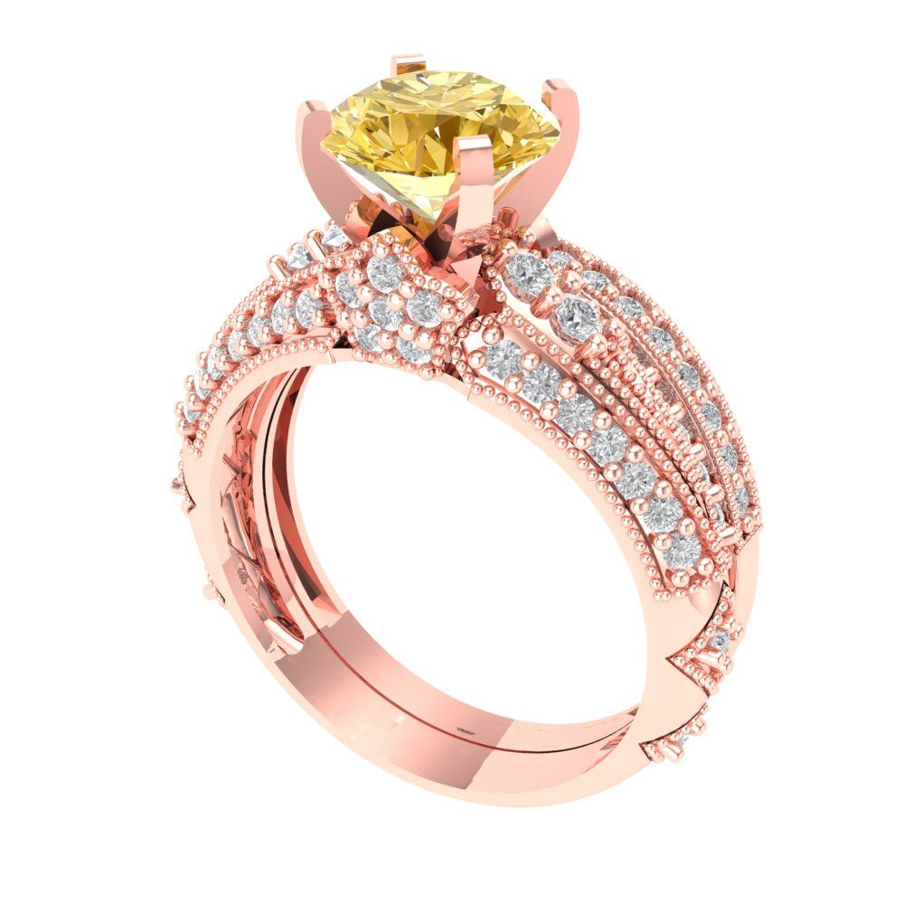 2.095 cttw Round Cut Simulated Yellow Diamond Bridal Set - Solid Rose Gold Engagement Ring & Wedding Band
