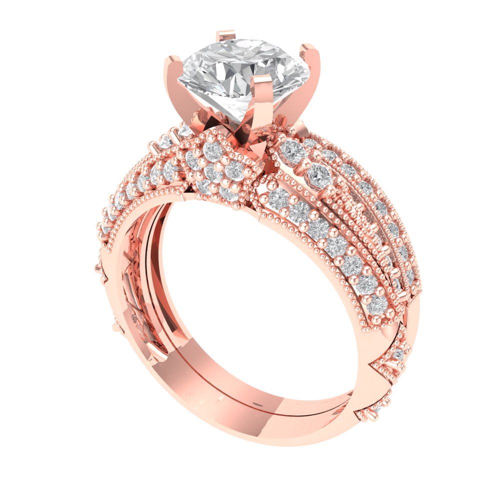 2.095 cttw Round Cut Moissanite Bridal Set - Solid Rose Gold Engagement Ring & Wedding Band