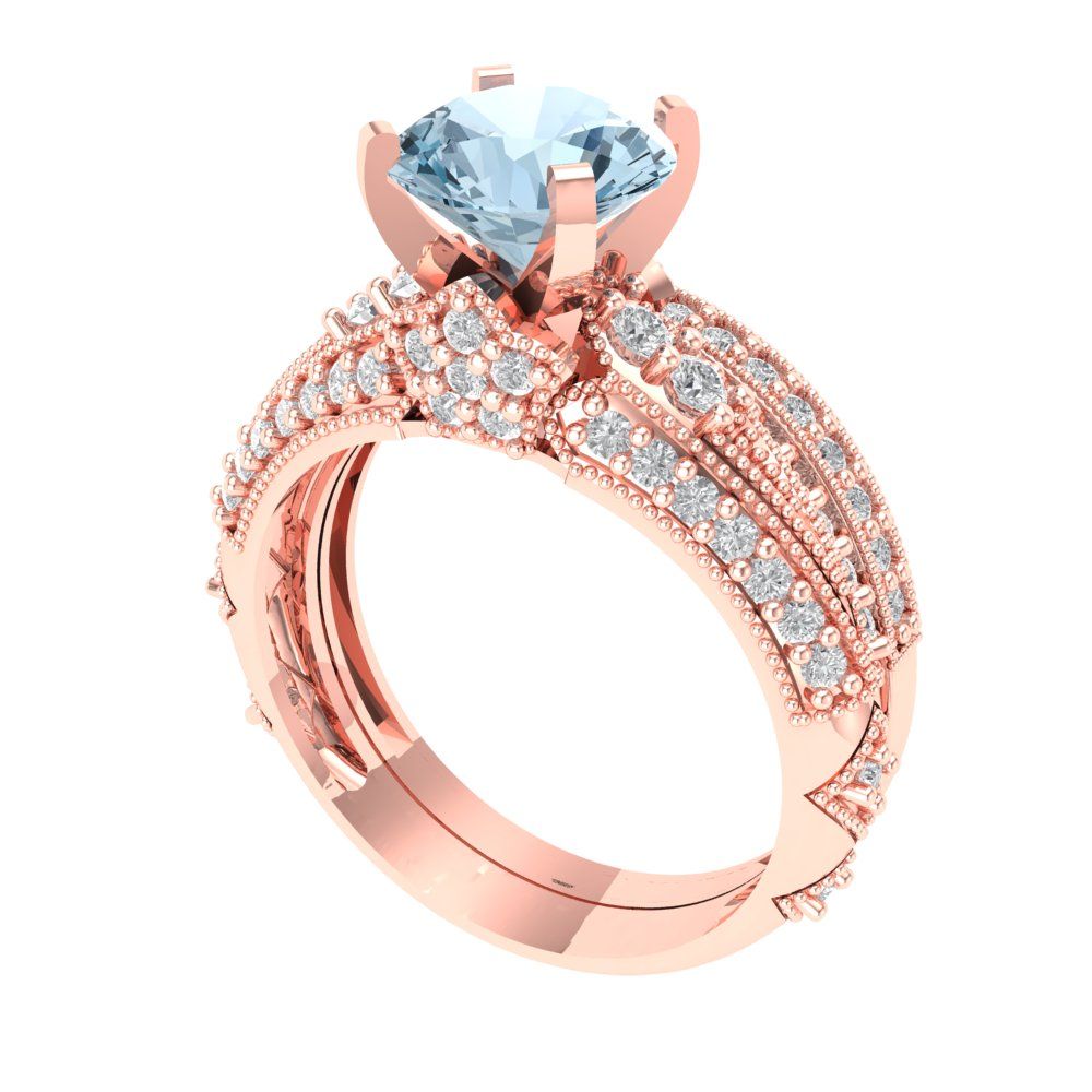 2.095 cttw Round Cut Simulated Blue Diamond Bridal Set - Solid Rose Gold Engagement Ring & Wedding Band