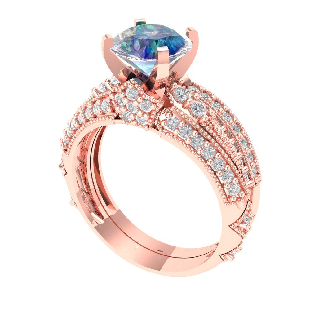 2.095 cttw Round Cut Blue Moissanite Bridal Set - Solid Rose Gold Engagement Ring & Wedding Band
