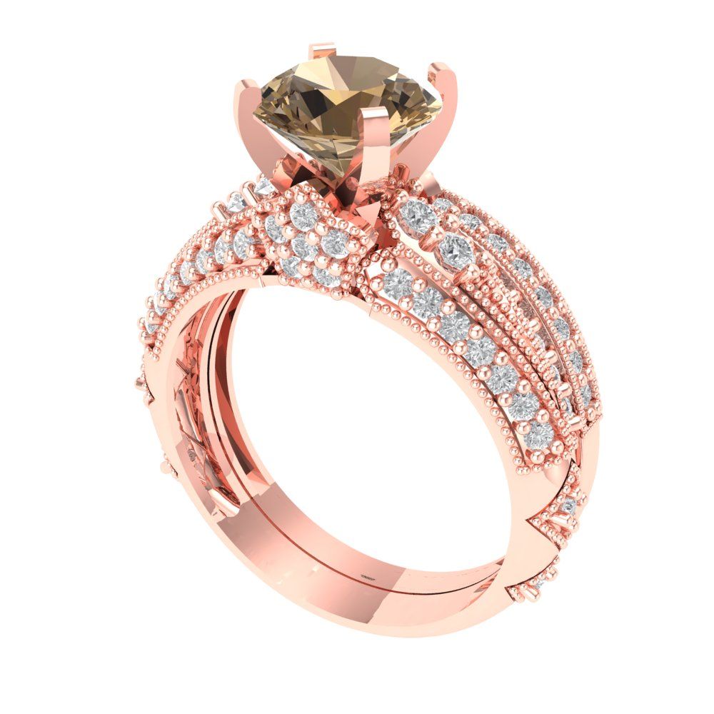 2.095 cttw Round Cut Simulated Champagne Diamond Bridal Set - Solid Rose Gold Engagement Ring & Wedding Band