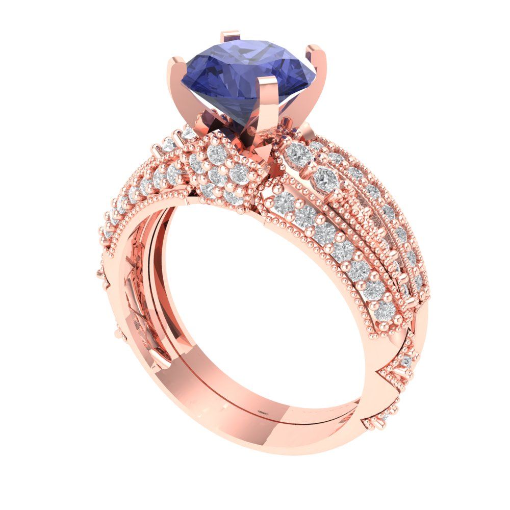 2.095 cttw Round Cut Simulated Tanzanite Bridal Set - Solid Rose Gold Engagement Ring & Wedding Band