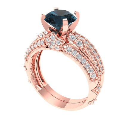 2.095 cttw Round Cut Natural London Blue Topaz Bridal Set - Solid Rose Gold Engagement Ring & Wedding Band
