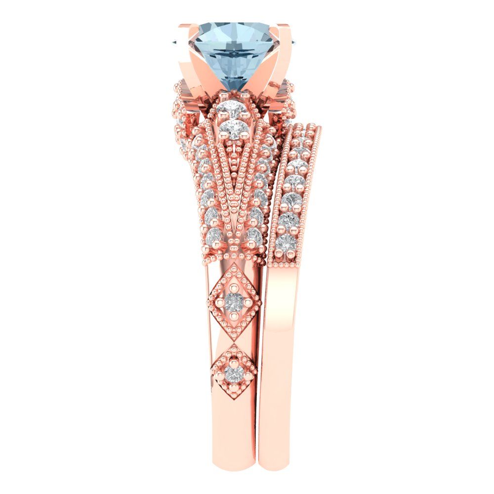 2.095 cttw Round Cut Natural Sky Blue Topaz Bridal Set - Solid Rose Gold Engagement Ring & Wedding Band