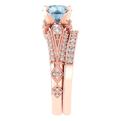 2.095 cttw Round Cut Natural Aquamarine Bridal Set - Solid Rose Gold Engagement Ring & Wedding Band