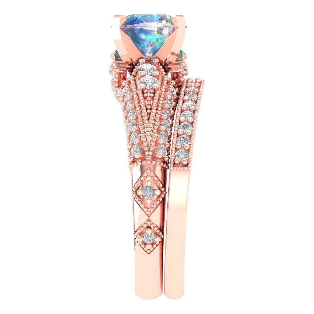2.095 cttw Round Cut Blue Moissanite Bridal Set - Solid Rose Gold Engagement Ring & Wedding Band