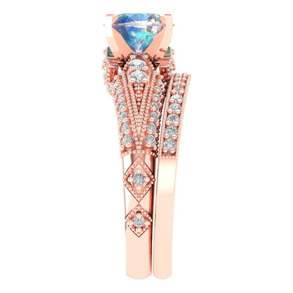 2.095 cttw Round Cut Blue Moissanite Bridal Set - Solid Rose Gold Engagement Ring & Wedding Band