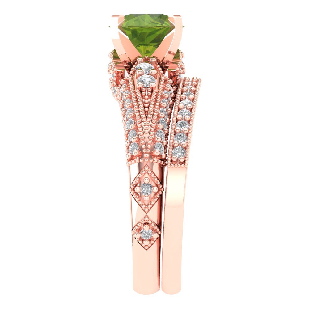 2.095 cttw Round Cut Natural Peridot Bridal Set - Solid Rose Gold Engagement Ring & Wedding Band