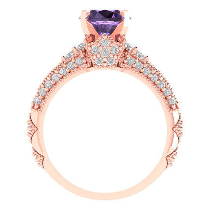 2.095 cttw Round Cut Simulated Alexandrite Bridal Set - Solid Rose Gold Engagement Ring & Wedding Band