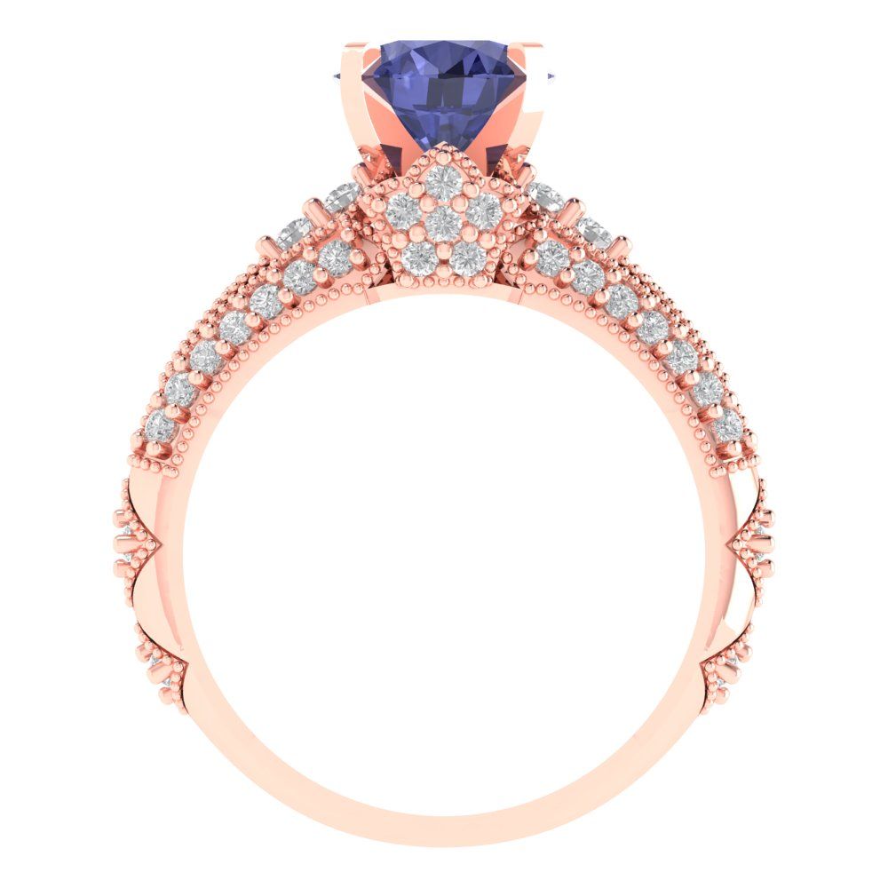 2.095 cttw Round Cut Simulated Tanzanite Bridal Set - Solid Rose Gold Engagement Ring & Wedding Band