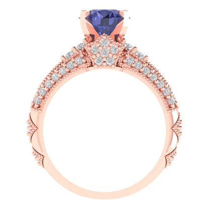 2.095 cttw Round Cut Simulated Tanzanite Bridal Set - Solid Rose Gold Engagement Ring & Wedding Band