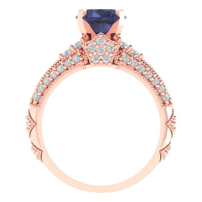 2.095 cttw Round Cut Simulated Blue Sapphire Bridal Set - Solid Rose Gold Engagement Ring & Wedding Band