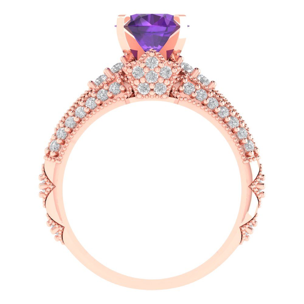 2.095 cttw Round Cut Natural Amethyst Bridal Set - Solid Rose Gold Engagement Ring & Wedding Band