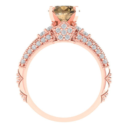2.095 cttw Round Cut Simulated Champagne Diamond Bridal Set - Solid Rose Gold Engagement Ring & Wedding Band