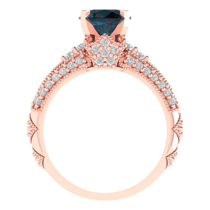 2.095 cttw Round Cut Natural London Blue Topaz Bridal Set - Solid Rose Gold Engagement Ring & Wedding Band